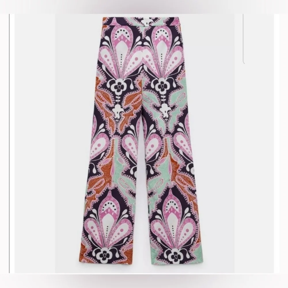 Zara Floral Print Linen Cotton Flare High Waist Trouser pants long tall